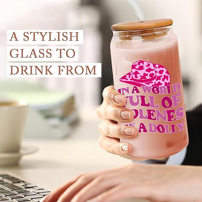 Western Gifts for Women Hot Pink Western Cowgirl Accessories Birthday Christmas Decorations Gifts for Women Girls Party Favors Cute Glass Cups with Lids and Straws, 16 Oz Pink Tumbler