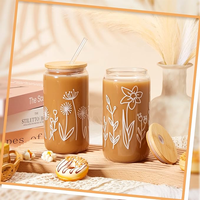 Mumufy Gift for Women Cute Glass Cup Tumbler Flower Iced Coffee Mugs 16 oz Glass with Bamboo Lid & Straw, Mothers Day Birthday Gift for Mom Sister Bridesmaid Baby Shower(18 Pack,Boho Floral)