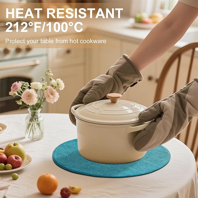 homing 15 Inch Round Cloth Placemats Set of 6, Cotton Linen Blend Washable Table Mats, Farmhouse Dining Place Mats for Indoors & Outdoors, Easy to Clean, Teal