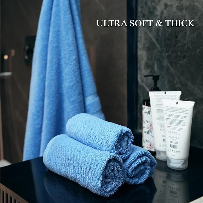Sky Blue Towel Set, Pack of 6 – 100% Ringspun Cotton, Soft, Quick-Dry & Highly Absorbent | 2 Bath Towels, 2 Hand Towels & 2 Face Towels for Bathroom & Guest Use