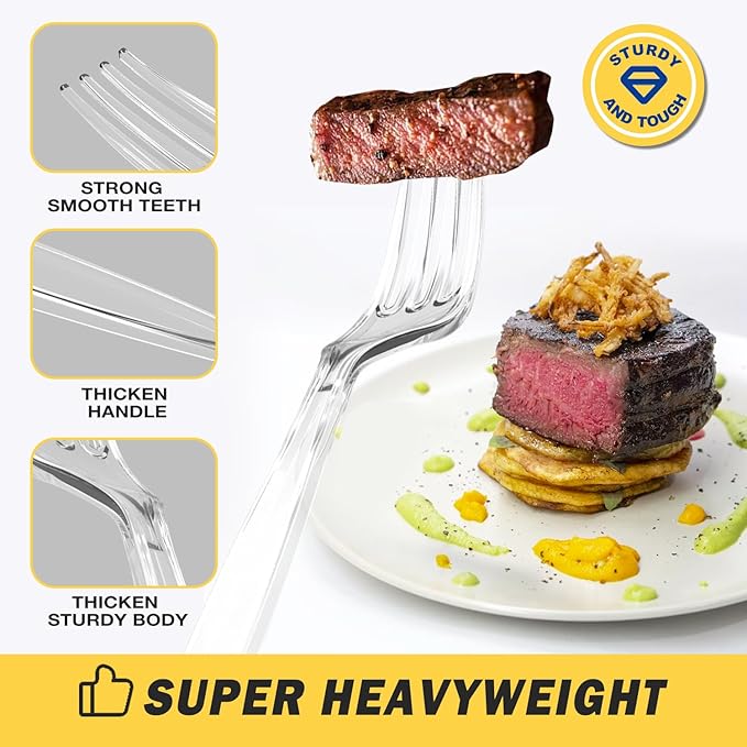 POSATE Heavy Duty Plastic Forks - Food-Grade Disposable Material, Clear, Pack of 30