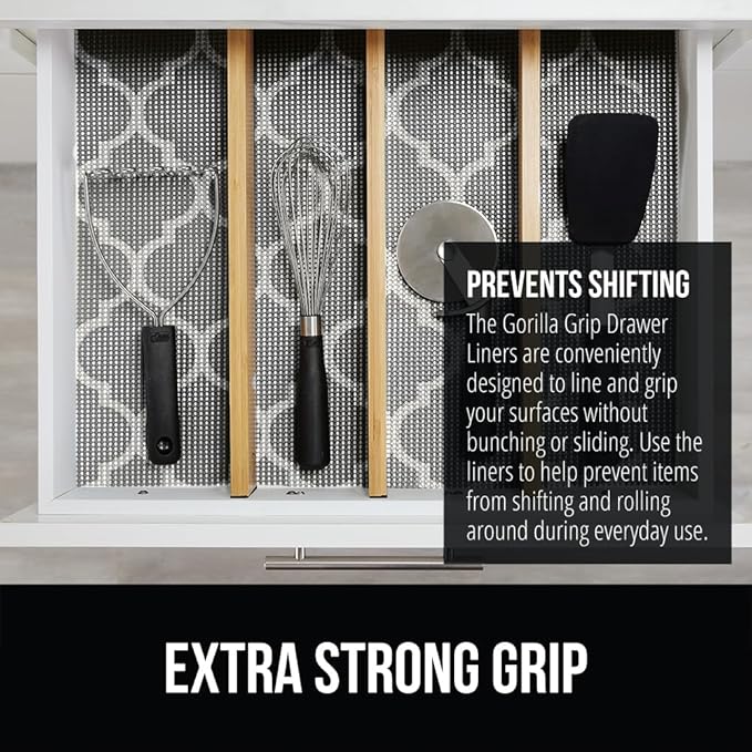 GORILLA GRIP powerGRIP Drawer Shelf and Cabinet Liner, Thick Strong Hold, Non-Adhesive Liners Protect Kitchen Cabinets and Cupboard, Bathroom Drawers, Easy Install, Breathable Mat, 20" x20', Gray
