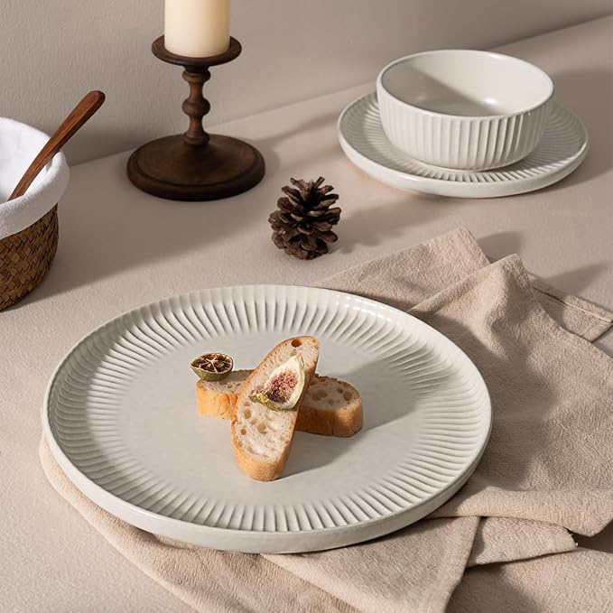 Famiware Starlight Plates and Bowls Dishes Set of 6 (18 Pieces), Ribbed Textured Stoneware Dinnerware Sets- Dishwasher & Microwave Safe, Chip Resistant, Matte Reactive White