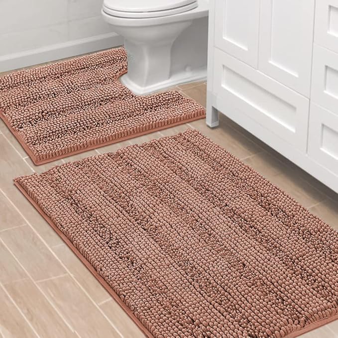 H.VERSAILTEX Bathroom Rugs Bath Rug Set 2 Piece Bathroom Contour Rug Toilet Mat Non Slip Contour Bath Rug Ultra Thick Water Absorbent Striped Bath Mats Washable(36" x 24" Plus 20" x 24" U, Muted Clay)