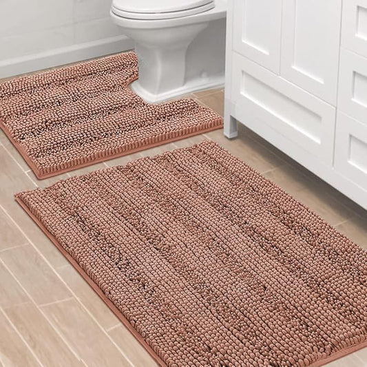 H.VERSAILTEX Bathroom Rugs Bath Rug Set 2 Piece Bathroom Contour Rug Toilet Mat Non Slip Contour Bath Rug Ultra Thick Water Absorbent Striped Bath Mats Washable(36" x 24" Plus 20" x 24" U, Muted Clay)