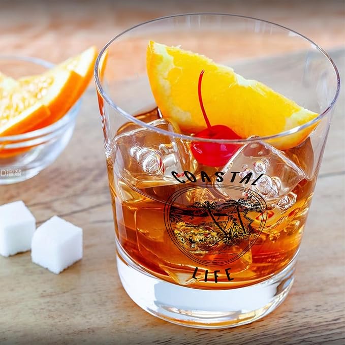 Beach Coastal Whiskey Glasses 10 oz, Beach Lover Gifts, Tropical Palm Tree Coastal Old Fashioned Rocks Glasses Cup for Women Men Drinking Scotch Bourbon Liquor