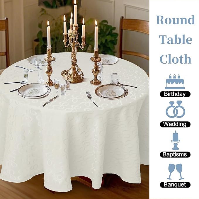 White Round Tablecloth 70 Inch Cloth for 5ft Tables (4-6 Seats) - Cotton & Polyester - Wrinkle/Fade Resistant - Washable & Reusable - 1PC Circle Table Cover for Wedding, Party & Dining, Bows Jacquard