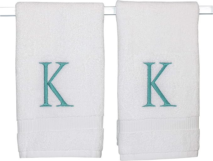 White Monogrammed Hand Towels for Bathroom - Luxury Hotel Quality Personalized Initial Decorative Embroidered Towel for Powder Room, Spa - GOTS Organic Certified - Set of 2 Teal Letter K