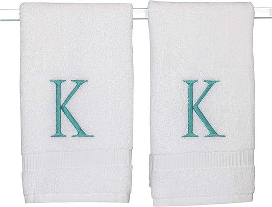 White Monogrammed Hand Towels for Bathroom - Luxury Hotel Quality Personalized Initial Decorative Embroidered Towel for Powder Room, Spa - GOTS Organic Certified - Set of 2 Teal Letter K