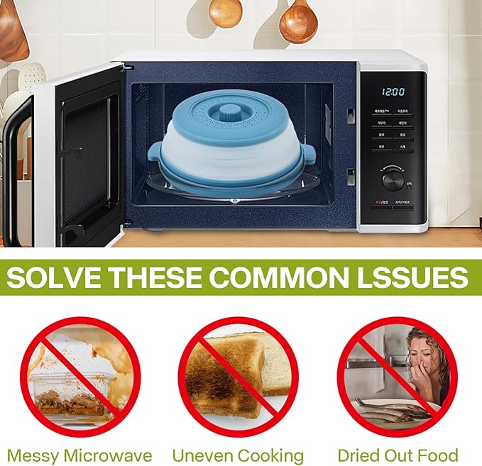 Microwave Splatter Cover for Food with Anti-scald Base Plate,Large Plastic & Silicone Vented Avoid Scalding Collapsible Guard Lid,Kitchen Essential Gadgets for Meal Prep-10.7 Inch (Blue)