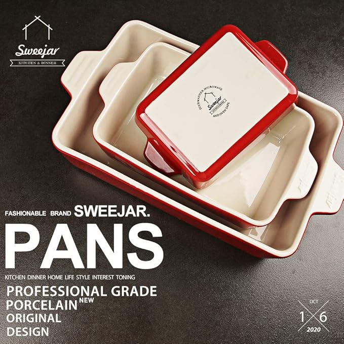 Sweejar Ceramic Bakeware Set, Rectangular Baking Dish for Oven Lasagna Pans for Cooking, Kitchen, Cake Dinner, Banquet and Daily Use, 11.8 x 7.8 x 2.75 Inches of Baking Pans (Red)