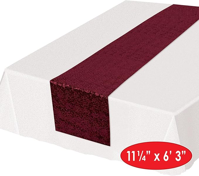 Beistle Burgundy Sequined Table Runner – Sparkling Fabric Table Decoration, Elegant Accessory for Weddings, Banquets, Holiday Parties, Anniversaries, Birthdays & Special Celebrations, 11¼” x 6’ 3”