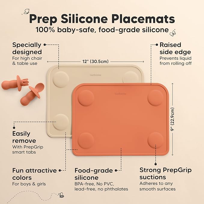 KeaBabies 2-Pack Silicone Placemats for Toddlers - 12x9 Non Slip Suction Baby Silicone Placemat for Kids Eating, Easy to Clean, Busy Travel Baby Mat for Dining Table, Food Grade/BPA-Free (Terracotta)