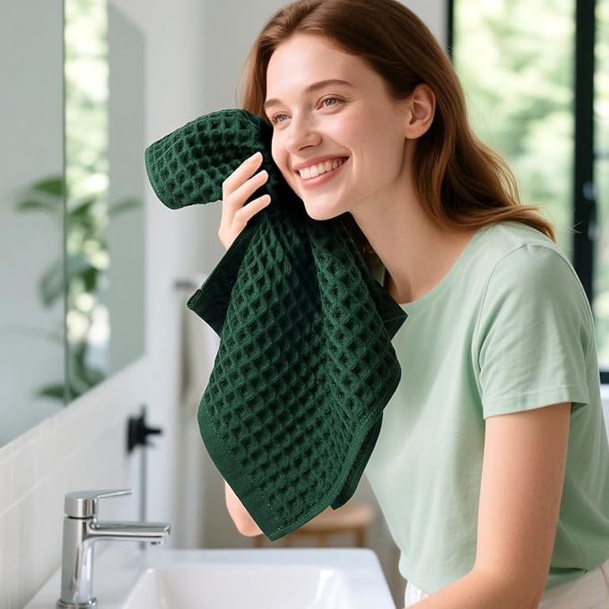 Jacquotha Waffle Hand Towels Set of 2 (Hunter-Green) – Cotton, Quick Dry, Lint Free, 13” x 29”, Christmas Bathroom Decor & Kitchen Towels