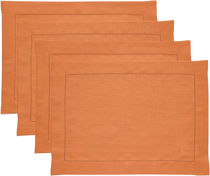 Solino Home Linen Placemats Set of 4 - Classic Hemstitch Pumpkin Placemats 14 x 19 Inch - 100% Pure Linen Table Mats for Holiday