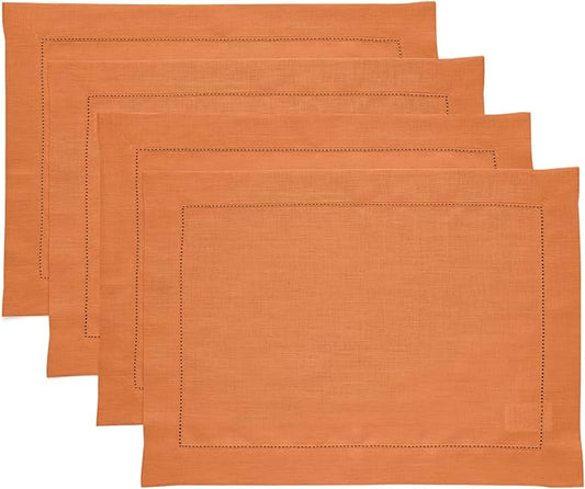 Solino Home Linen Placemats Set of 4 - Classic Hemstitch Pumpkin Placemats 14 x 19 Inch - 100% Pure Linen Table Mats for Holiday