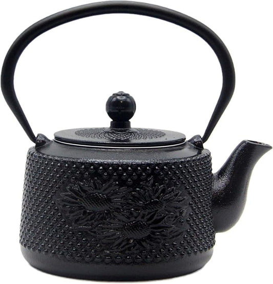 Cast Iron Teapot with Sunflower Pattern,SECHUDO Tea Kettle Coated with Enameled Interior for Loose Tea,Cast Iron Teapot with Stainless Steel Infuser for Stovetop Safe (28.7oz-Black)