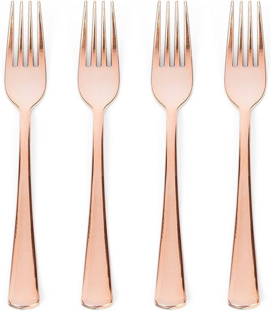 Prestee Set of 100 Rose Gold Plastic Forks Disposable - 7-in Heavy-Duty Fork Flatware - Bulk Pack Fancy Silverware - Sturdy Pink Cutlery for Weddings, Birthday Parties, Buffets, Catering and Events
