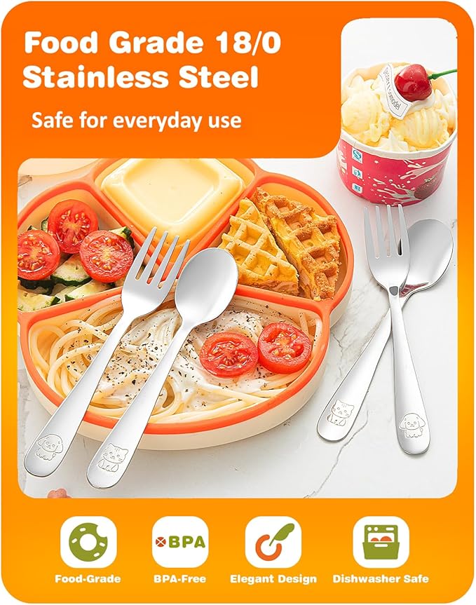 8-Piece Toddler Utensils Set, Food Grade Stainless Steel Kids Silverware Set Including Forks and Spoons, Child-Sized, Dishwasher Safe