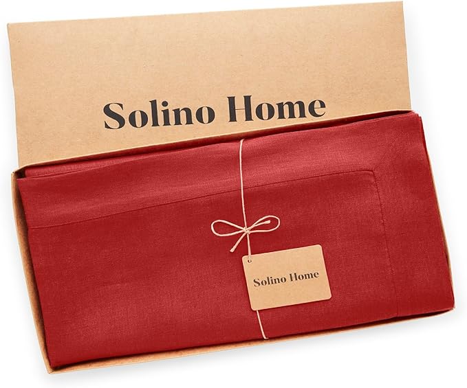 Solino Home Linen Red Tablecloth 60 x 84 Inch - 100% Pure Linen Rectangular Tablecloth - Machine Washable Table Cloth for Valentines, Holiday, Winter, New Year - Fete