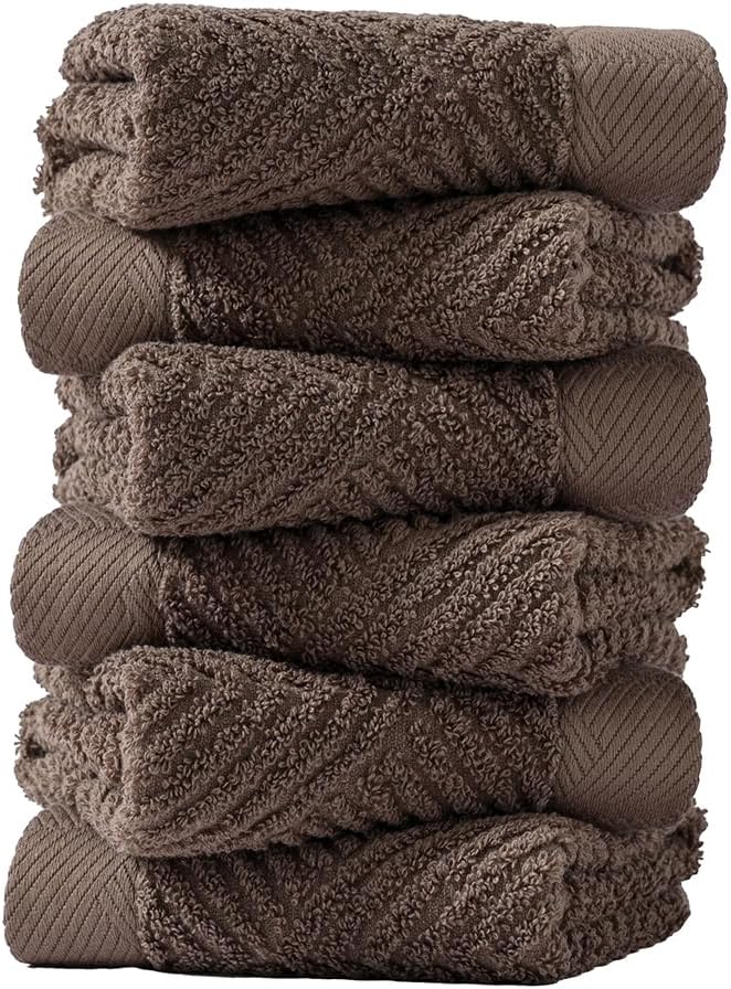 sense gnosis Chocolate Washcloth Set of 6 Premium 100% Cotton Herringbone Striped Weave Ultra Soft Highly Absorbent Washcloths Towel for Bathroom 13 X 13 Inch