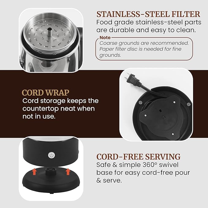 Elite Gourmet 12-Cup Electric Coffee Percolator, Dishwasher Safe Stainless-Steel Filter, Lid & Tube, Keep Warm, 360° Swivel Base Cord-less Serving, Stainless-Steel