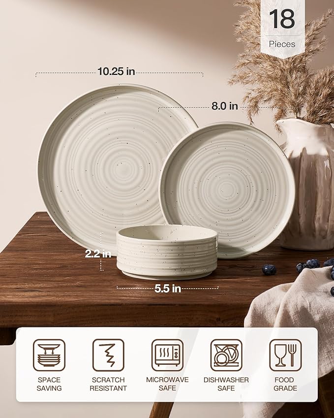 Plates and Bowls Sets for 6, Famiware Premium 18-Piece Stoneware Dinnerware Set, Spiral Dish Set with Straight Rim, Speckles & Reactive Glaze - Microwave & Dishwasher Safe Tableware, Shell Beige