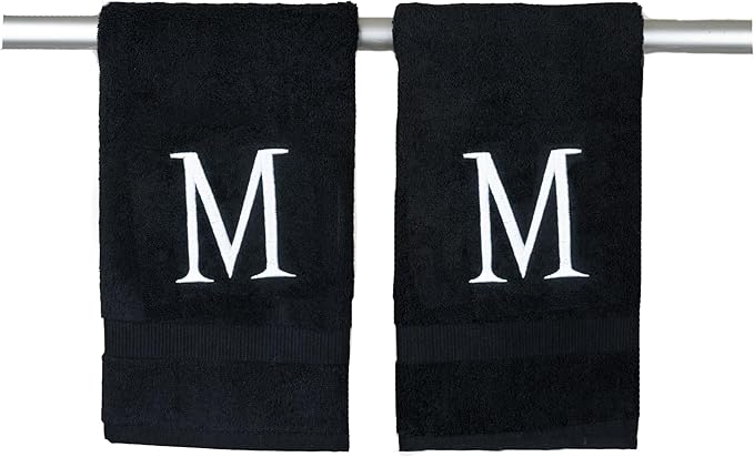 Black Initial Hand Towel for Bathroom - Monogrammed Luxury Hotel Quality Decorative Embroidered Towel for Powder Room, Spa - GOTS Organic Certified - Pack of 2, Letter M