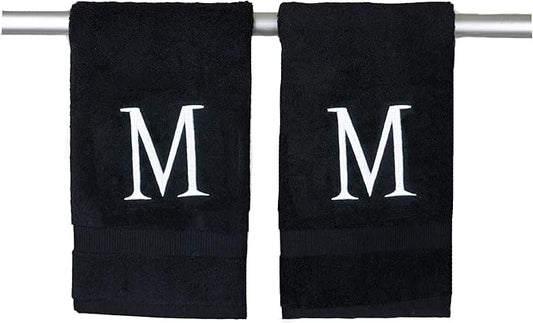 Black Initial Hand Towel for Bathroom - Monogrammed Luxury Hotel Quality Decorative Embroidered Towel for Powder Room, Spa - GOTS Organic Certified - Pack of 2, Letter M
