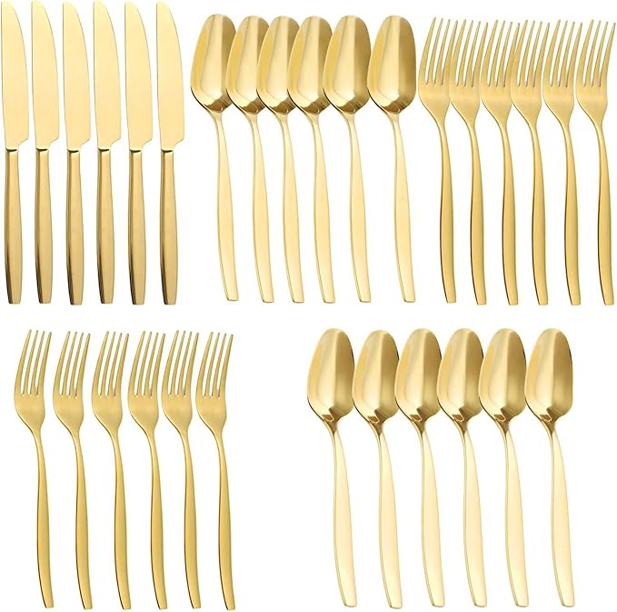 Gold 30-Piece Silverware Set,Stainless Steel Flatware Utensils Cutlery Set for 6,Including Steak Knife Fork and Spoon,Dishwasher Safe,Modern Tableware for Home & Dining