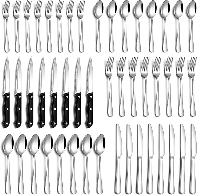 36 Pcs Silverware Set with Steak Knives Food-Grade Stainless Steel Flatware Set for 6 Mirror Cutlery Include Forks Spoons and Knives Set Dishwasher Safe Utensil Sets for Home Restaurant