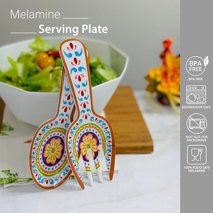 UPware Cinco de Mayo Melamine Salad Servers, Serving Utensil Set, Includes Serving Fork and Spoon for Tossing Salad, Pasta, Cinco de Mayo Decorations, Multicolor, 10.75 Inch, Set of 2