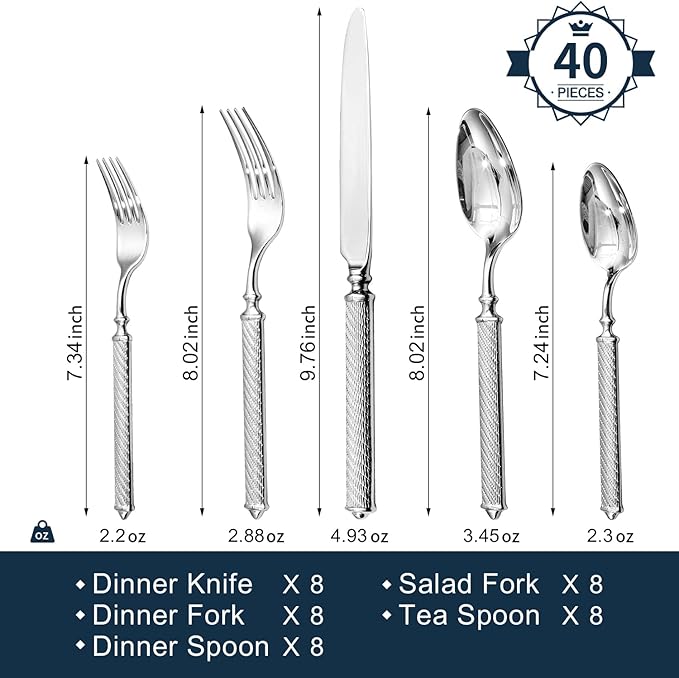 KINGSTONE Retro Rope-Pattern Silverware Set, 40-Piece Flatware Set Cutlery Set Forged with Handcrafted Texture Handles 18/10 Stainless Steel, Dishwasher Safe