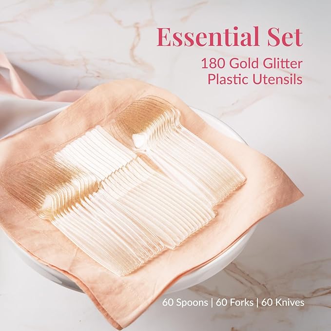 Prestee 180-Piece Gold Plastic Silverware Set - Durable Plasticware Includes 60 Forks, 60 Knives, 60 Spoons - Fancy, Disposable Plastic Utensils and Flatware for Weddings, Parties, and Holidays