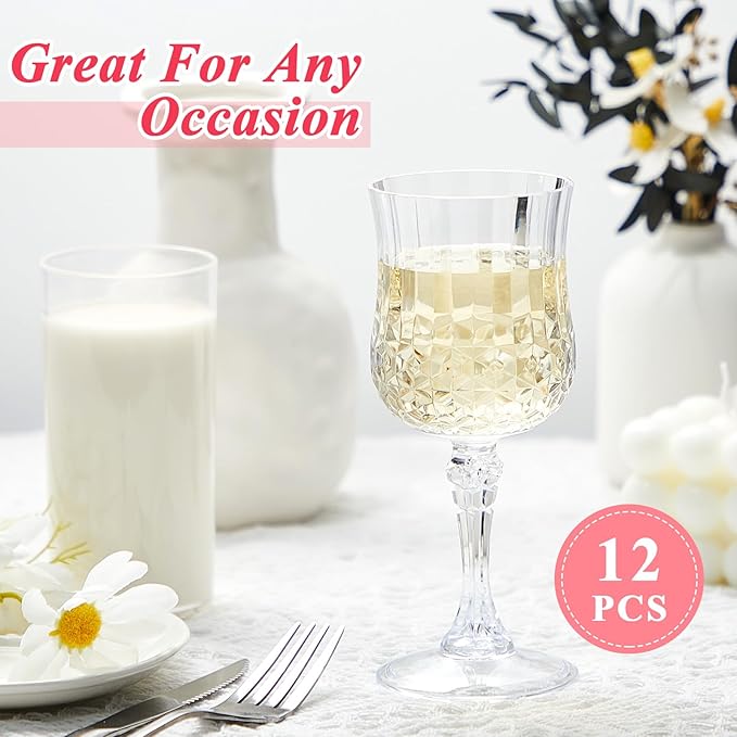 Pinkunn 12 Pcs 7 oz Plastic Vintage Wine Glasses Reusable Colored Goblets Patterned Drinking Water Glasses Cup Dishwasher Safe for Christmas Wedding Reception Party Supplies (Transparent)