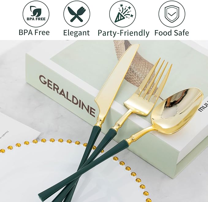 Lullaby 150pcs Gold Plastic Silverware, High End Disposable Cutlery with Dark Green Handle Include 50 Forks, 50 Spoons, 50 Knives, Elegant Silverware for Wedding, Party, Gathering and Daily Use
