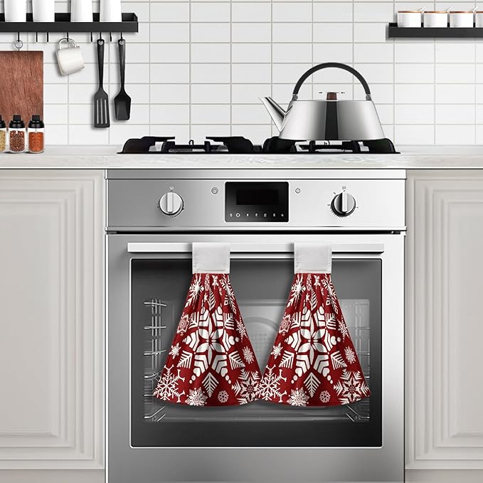 Snowflakes Xmas Hanging Kitchen Towels Winter Red Hand Tie Towel Soft Absorbent Christma Hanging Dish Towels for Kitchen Bathroom Home Decorations