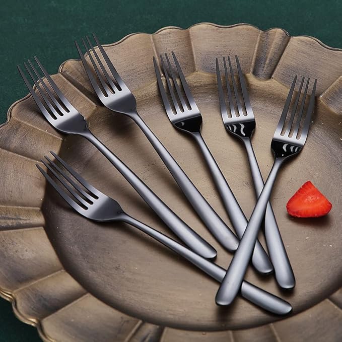Black Dinner Forks 6 Piece, Stainless Steel 8'' Forks Silverware Set, Dessert Forks, Table Forks, Salad Forks for Home, Kitchen or Restaurant, Dishwasher Safe