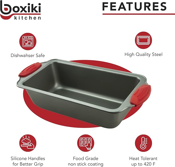 Boxiki Kitchen Non Stick Steel Banana Bread Pan for Baking, Premium Loaf Pan 8.5 Inch With Easy to Clean & Quick Release Coating - Professional Baking Pan With Silicone Handles