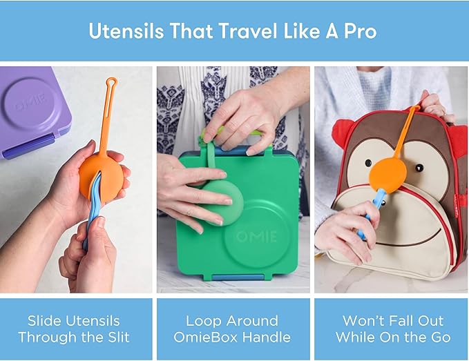 Omie OmieBox Kids Utensils Set with Case - 2 Piece Plastic, Reusable Fork and Spoon Silverware with Pod for Kids (Blue)