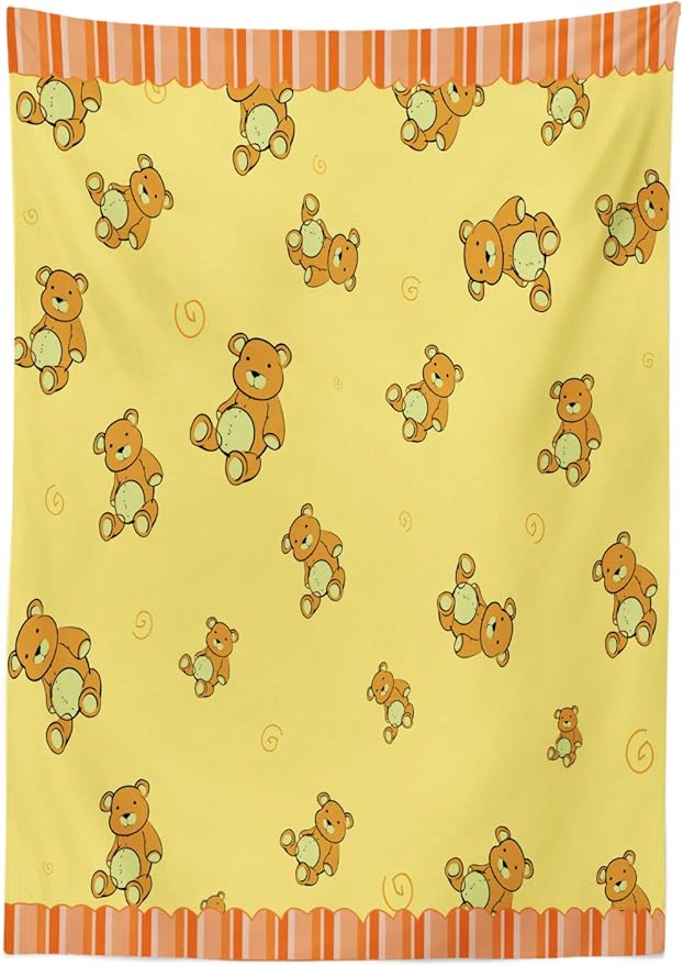 Ambesonne Retro Tablecloth, Teddy Bears Pattern Retro Funky Design Print, Rectangular Table Cover for Dining Room Kitchen Decor, 52" X 70", Apricot Orange