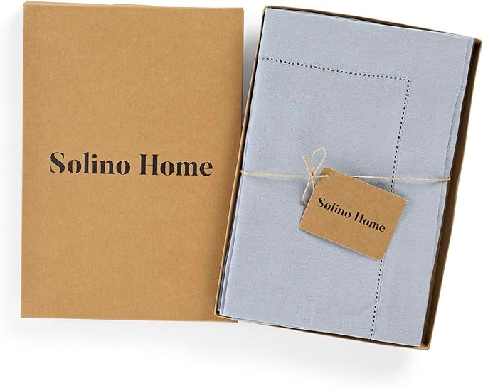 Solino Home Dusty Blue Linen Napkins Set of 4-100% Pure Linen Hemstitch Dinner Napkins 20 x 20 Inch for Winter - Classic Hemstitch