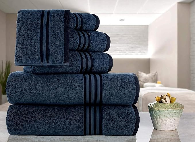 CASA COPENHAGEN Zero Twist, 6 Pieces Set 100% Cotton 0" Twist Towel Set- Navy Blue, 600 GSM, 2 Bath, 2 Hand, 2 Washcloths Made from Egyptian Cotton, Ultra Soft Luxury Towels for Bathroom