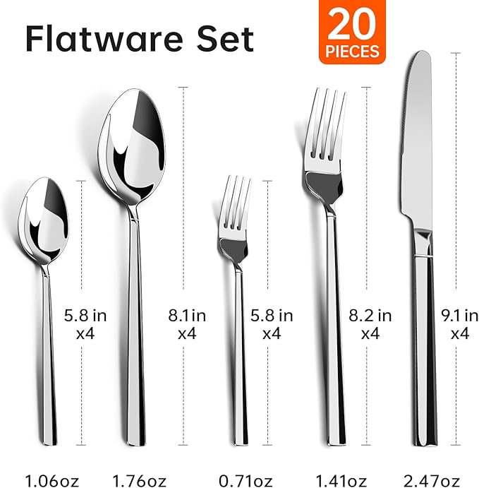 WANGYUANJI 20-Piece Stainless Steel Flatware Set, Service for 4 — 4 × 5-Piece Place Settings (Knife, Dinner Fork, Salad Fork, Dinner Spoon & Teaspoon), Mirror-Finish, Dishwasher Safe Silverware