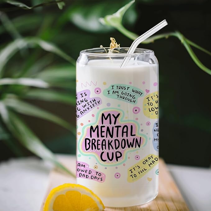 Positive Mental Health Gifts - My Mental Breakdown Cup Glass Cup with Lids and Straws 14oz, Inspirational Daily Affirmations for Women, Glass Coffee Tumbler Drinking Jars with Cleaning Brush