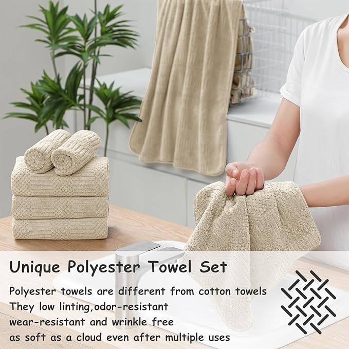 18 Pcs Camel Woven Family Towels Set-6 Bath Sheets,6 Hand Towels,6 Washcloths Soft Polyester Towels Absorbent Shower Towel Quick Dry Beach Chair Towel Lint Less Towels Set for Bathroom Spa Gym Hotel