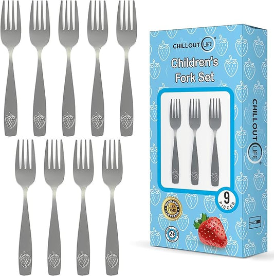 9 Piece Stainless Steel Kids Forks - Child and Toddler Safe Flatware - Kids Utensil Set - Metal Kids Cutlery Set - Includes a Total of 9 Small Kids Forks