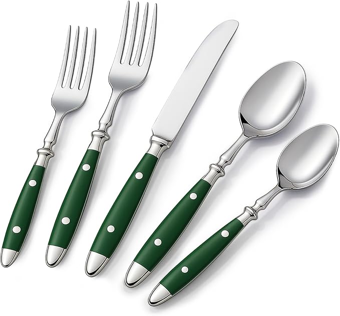 Silverware Set For 8 with Two Rivets, Vintage 40-Piece Everyday Flatware Set with Green Bakelite Handle, Stainless Steel Cutlery Set, Dishwasher Safe, Knives Spoons and Forks Set
