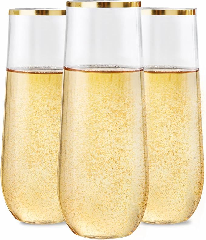 Ciaell 24 Pack Gold Plastic Champagne Flutes - 9 Oz Disposable Champagne Glasses - Stemless Mimosa Glass for Parties & Weddings & Birthdays & Christmas
