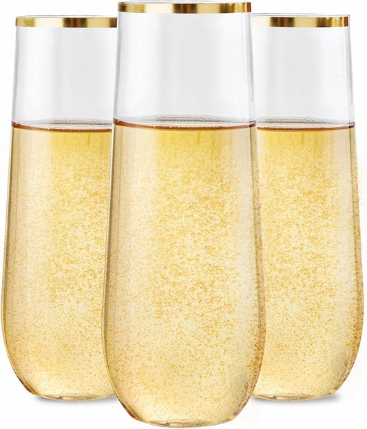 Ciaell 24 Pack Gold Plastic Champagne Flutes - 9 Oz Disposable Champagne Glasses - Stemless Mimosa Glass for Parties & Weddings & Birthdays & Christmas